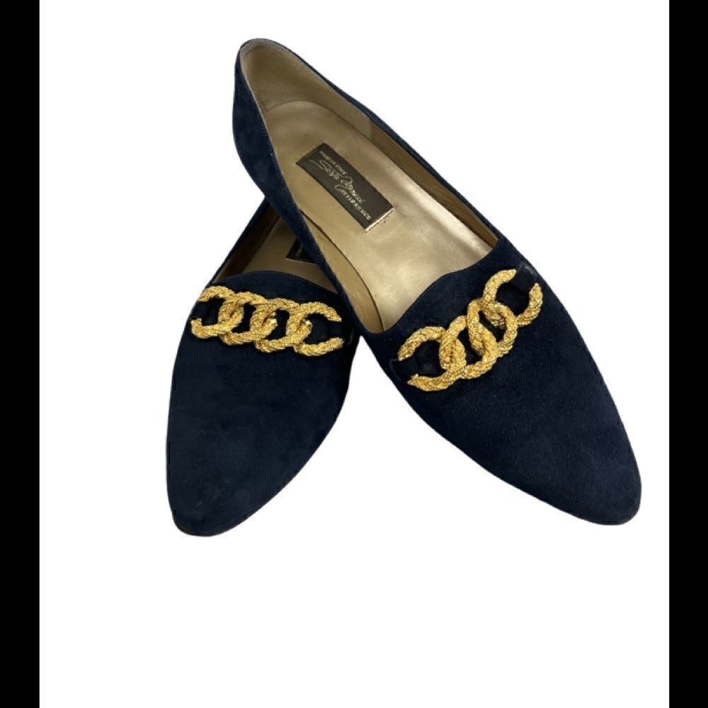 Gently Used Royal Blue Suede Slip-on Flats with Gold Linked Embellishments Sz 9N